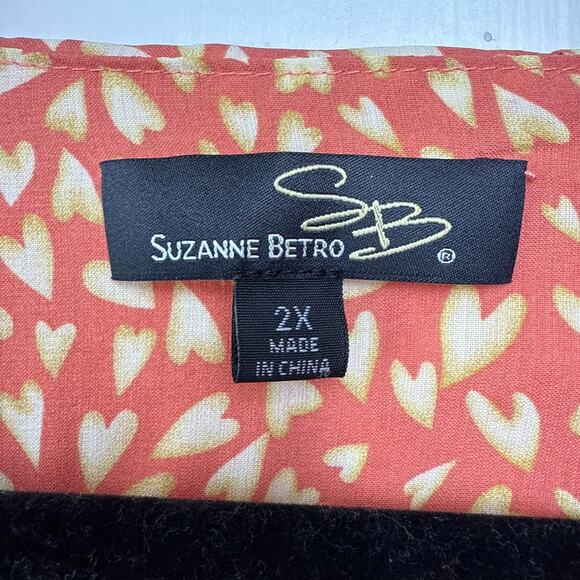 Suzanne Betro Top Women 2X Orange Pleated Hearts Print Tunic Blouse Valentines - Picture 4 of 9